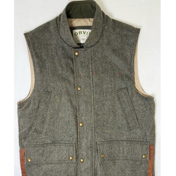 ORVIS Wool Sz M Field Vest Herringbone Tweed Leather Lined Insulated Outdoor - Picture 3 of 9